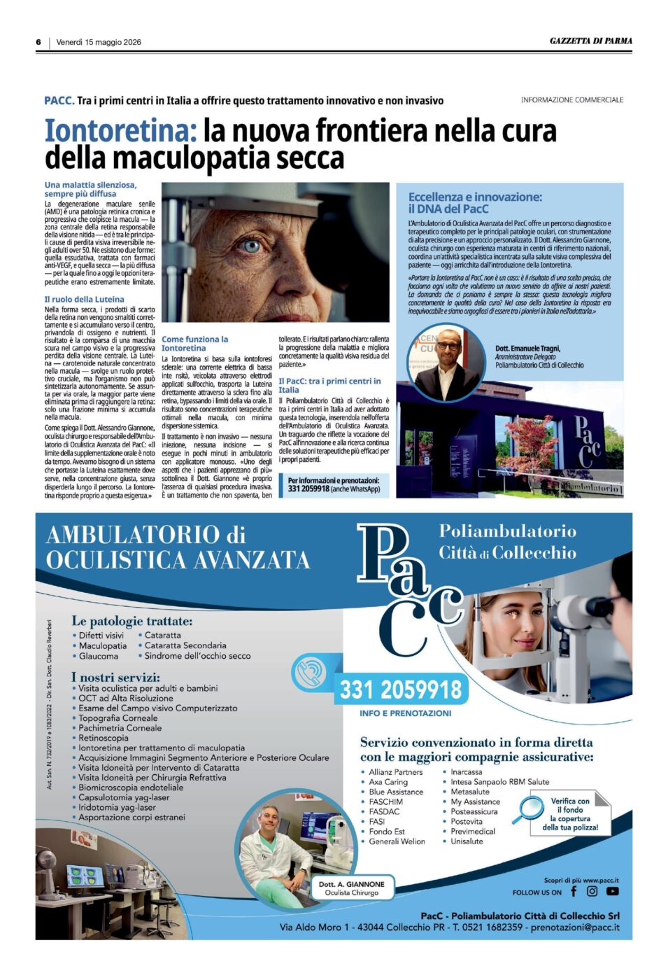 Articolo sulla Iontoretina pubblicato sulla Gazzetta di Parma del 15/05/2026